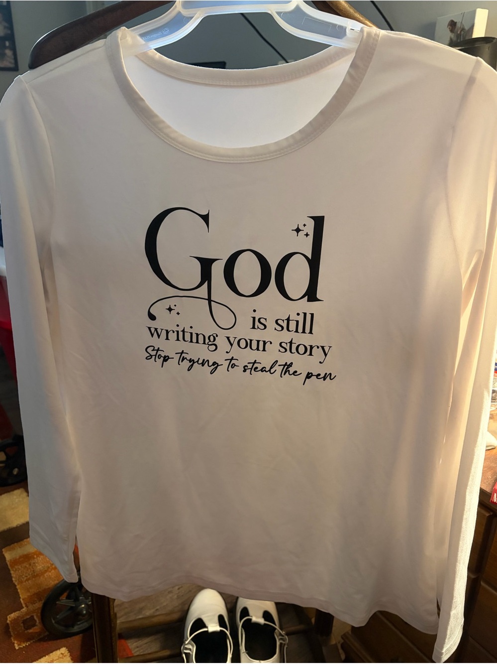 White Graphic Long-Sleeve Tee - "God is still writing your story"